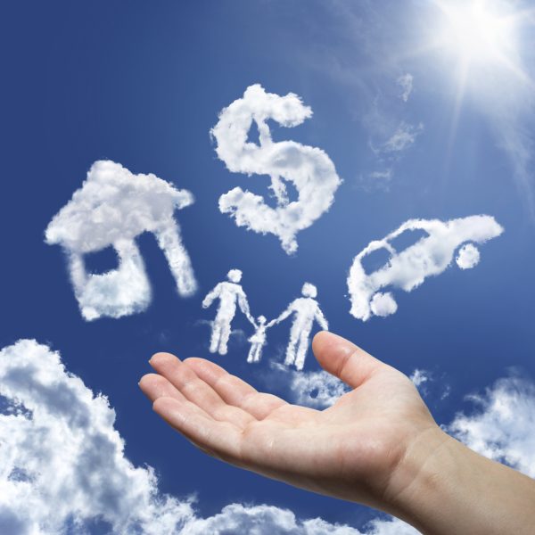 hand with clouds of various shapes